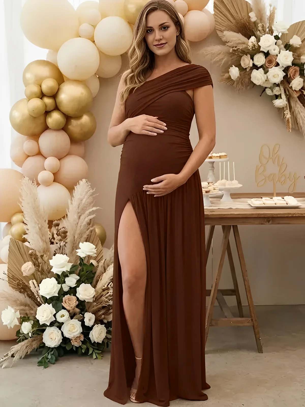One Shoulder Ruched Side Slit Big Swing Maternity Maxi Dress for Maternity