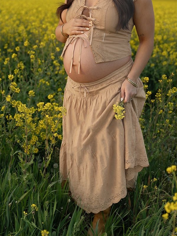 Western Boho 2 Piece Lace Tie-up Ruched Eyelet Embroidery Photoshoot Maternity Maxi Dress for Maternity