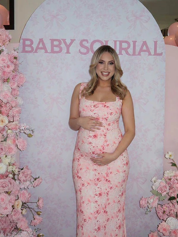 Elegant Pink Bodycon Grenadine Spaghetti Strap Ruffle Floral Baby Shower Maternity Maxi Dress for Maternity