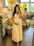Elegant Yellow Pleated Cut Out Big Swing Baby Shower Maternity Maxi Dress for Maternity