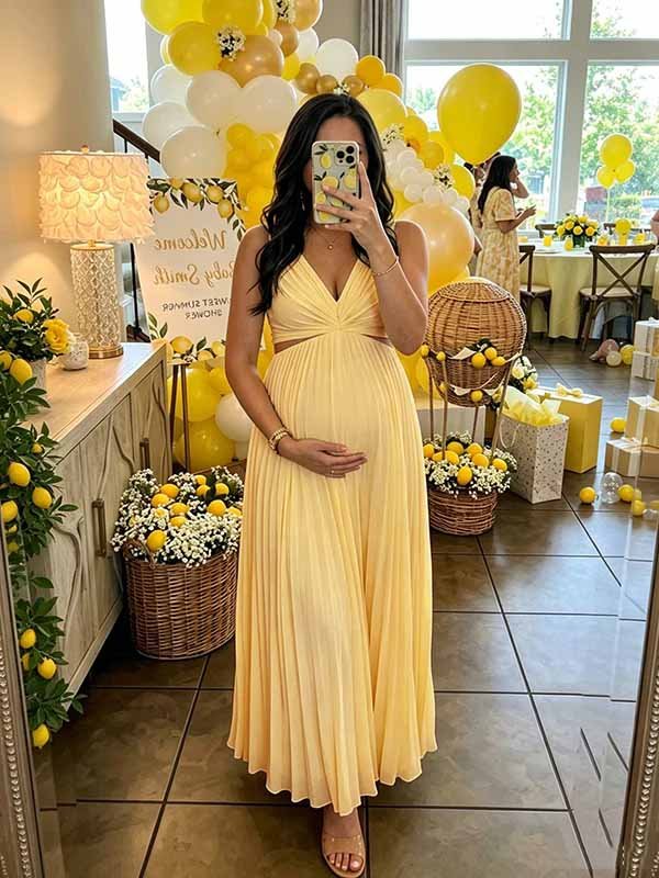 Elegant Yellow Pleated Cut Out Big Swing Baby Shower Maternity Maxi Dress for Maternity