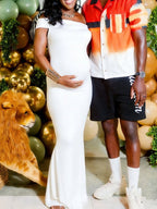 White Off Shoulder Open Back Ruched Maternity Baby Shower Maxi Dress for Maternity
