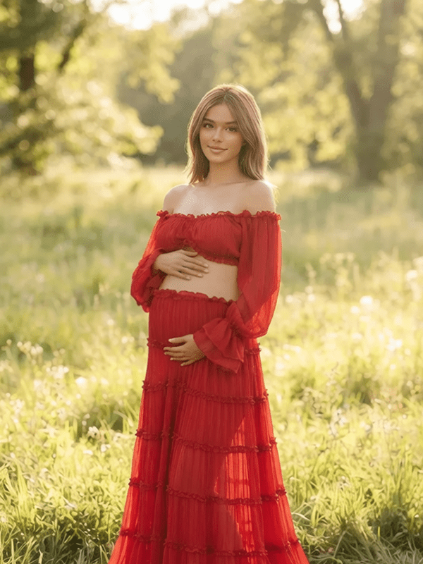 Elegant Red Ruffle Off Shoulder Flowy Falbala Two Piece Photoshoot Maternity Maxi Dress for Maternity