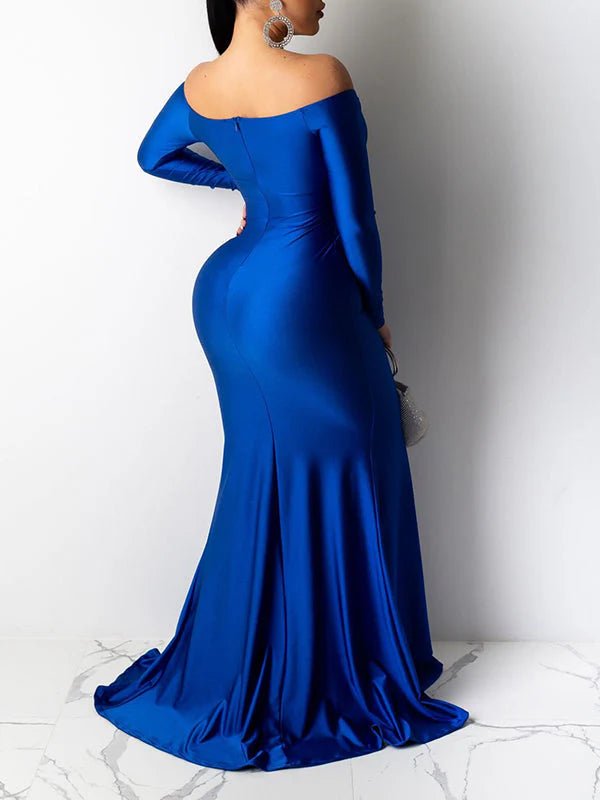 Blue Off Shoulder Long Sleeve High Split Bodycon Solid Baby Shower Party Gown Maternity Maxi Dress for Maternity