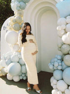 Beige Lace Off Shoulder Ruffle Falbala Bodycon Elegant Maternity Baby Shower Maxi Dress for Maternity