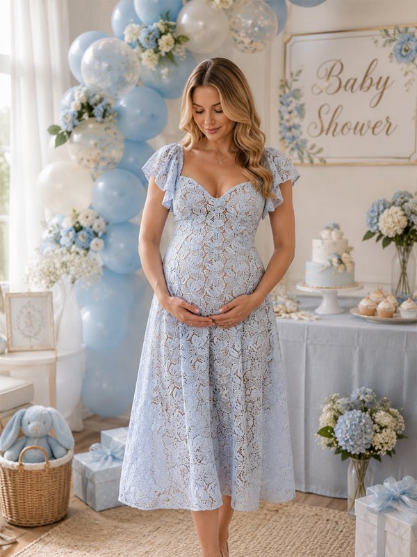 Lace High Waisted Backless Puff Sleeve A-line Maternity Baby Shower Midi Dress for Maternity