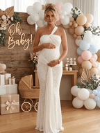 White Lace One Shoulder Ruched Draped Bodycon Elegant Maternity Maxi Dress for Maternity