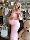 Pink Bowknot One Shoulder Elegant Maternity Baby Shower Maxi Dress for Maternity