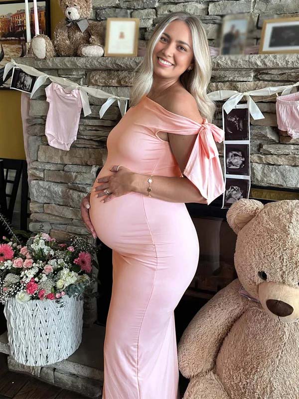 Pink Bowknot One Shoulder Elegant Maternity Baby Shower Maxi Dress for Maternity