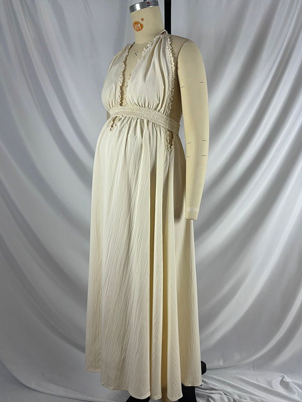 Solid Color Cut Out V-neck Side Slit Backless Tassel Halter Neck Vacation Photoshoot Maternity Maxi Dress for Maternity