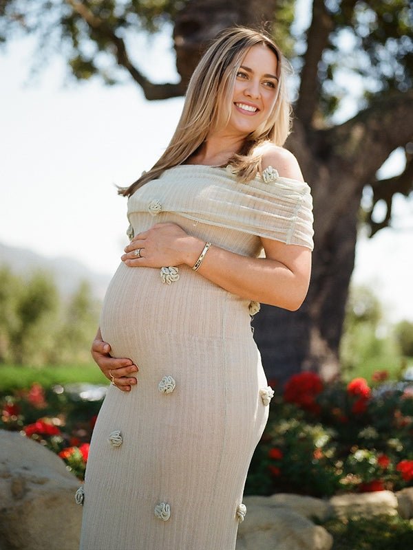 Matcha Knit 3d Flowers Off Shoulder Elegant Maternity Maxi Dress for Maternity