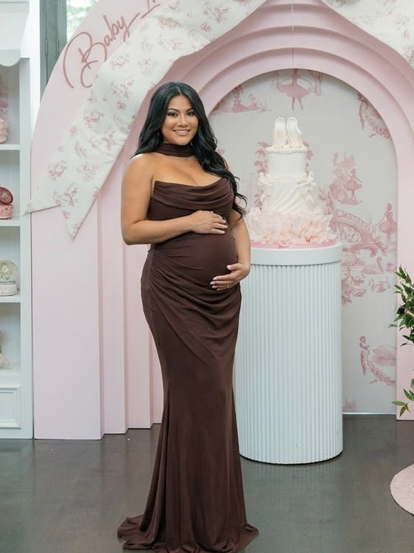 Brown Mesh Ruched Bandeau Strapless Bodycon Maternity Maxi Dress for Maternity