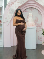 Brown Mesh Ruched Bandeau Strapless Bodycon Maternity Maxi Dress for Maternity