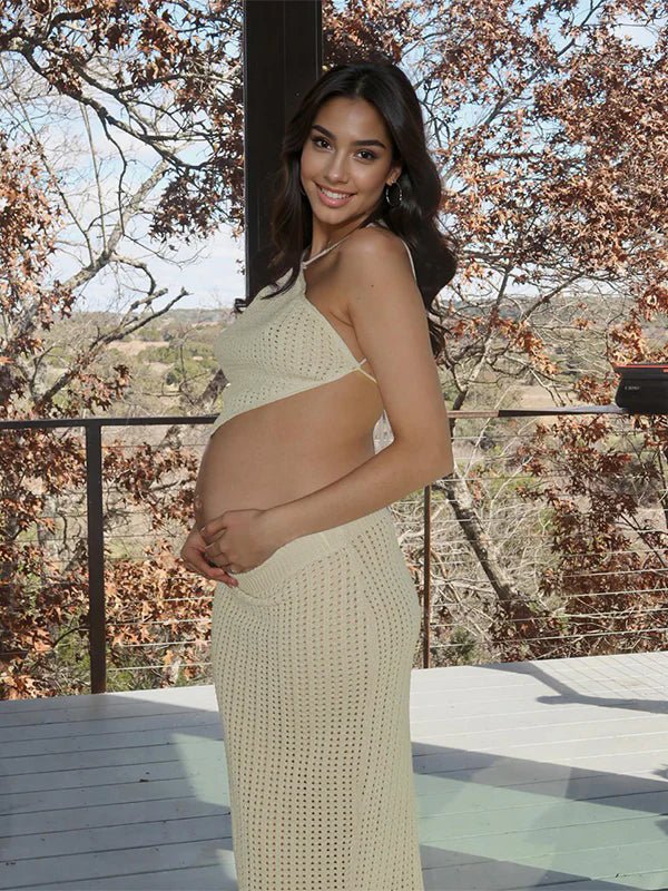 Beige 2 Piece Halter Neck Crochet Fashion Beach Vacation Bodycon Maternity Maxi Dress for Maternity