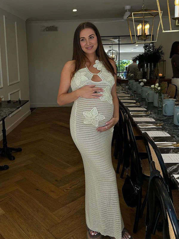 Crochet Hollow Out 3d Flowes Cut Out Halter Neck Cami Bodycon Elegant Baby Moon Beach Maternity Photoshoot Baby Shower Maxi Dress for Maternity