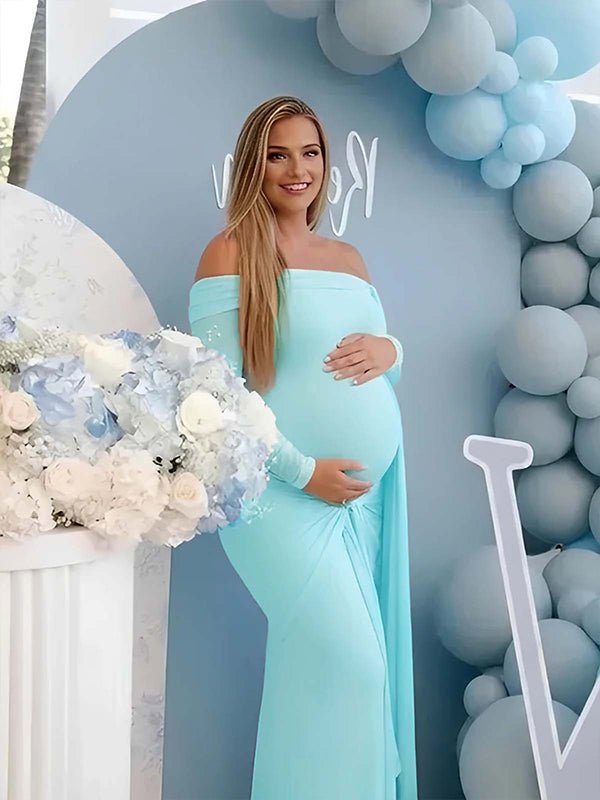 Blue Mesh Off Shoulder Ruched Bowknot Draped Maternity Maxi Dress for Maternity