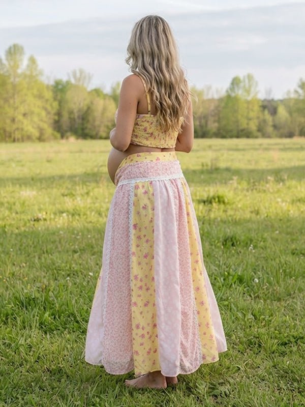 Pink Spaghetti Strap Smocked Print Lace Up Maternity Photoshoot Maxi Dress for Maternity