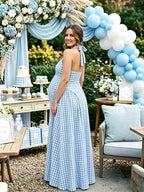 Halter Neck Open Back Flannel Dress Maternity Baby Shower Maxi Dress for Maternity