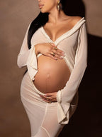 White Ruffle Cut Out Crop Irregular Split Sheer Vacation Dress Bodycon Photoshoot Maternity Maxi Dress for Maternity
