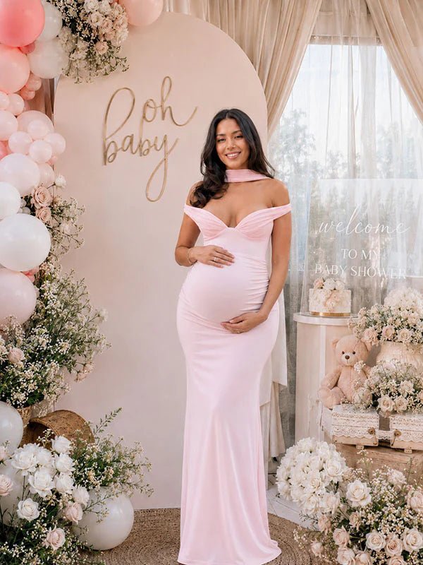 Chic Pink Off Shoulder Bodycon Ruffle Sashes Baby Shower Maternity Maxi Dress for Maternity