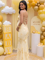 Floral Ribbon Appliques Bodice Backless Cami Mermaid Maternity Maxi Dress for Maternity