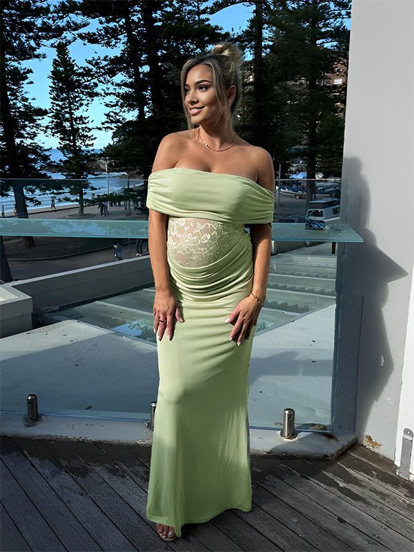 Green Off Shoulder Lace Sheer Splicing Ruched Baby Shower Maternity Maxi Dress for Maternity