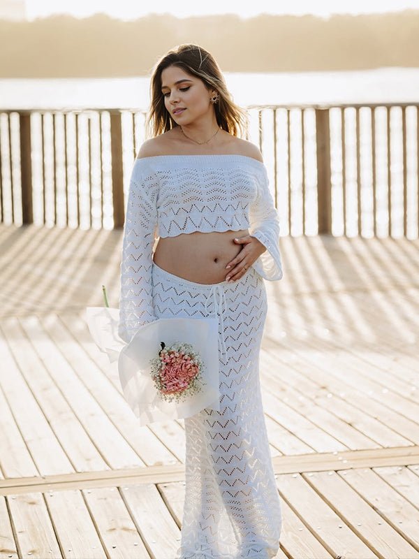 White Off Shoulder Lace Up Crochet Backless Maternity Photoshoot Maxi Dress for Maternity