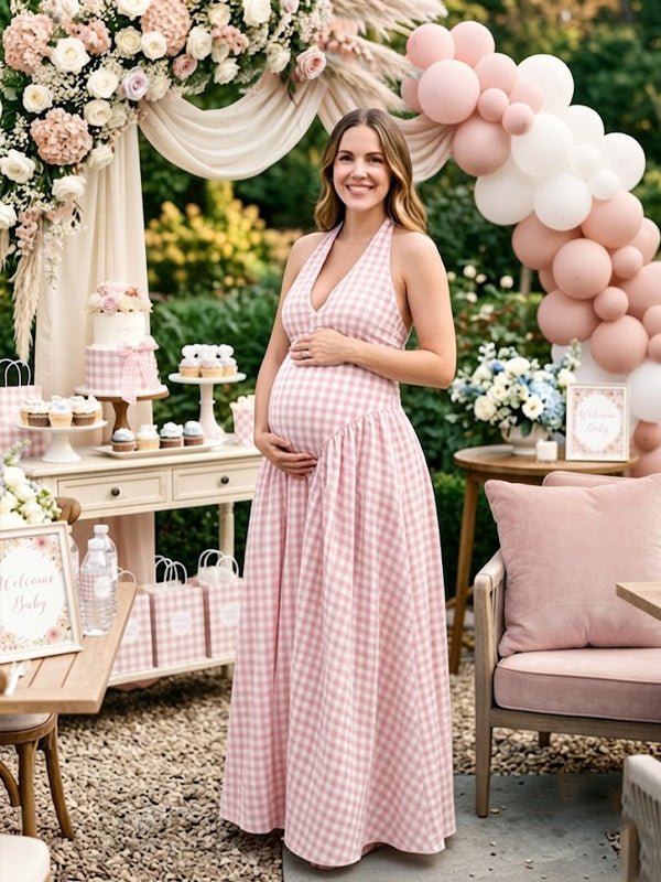 Halter Neck Open Back Flannel Dress Maternity Baby Shower Maxi Dress for Maternity