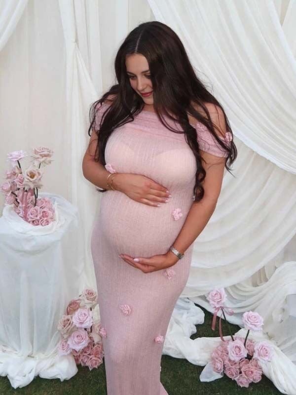 Grenadine Off Shoulder 3d Flowers Bodycon Elegant Photoshoot Baby Shower Maternity Maxi Dress for Maternity