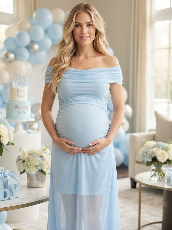 Dangling Collar Ruched Zipper Grenadine Maternity Baby Shower Maxi Dress for Maternity
