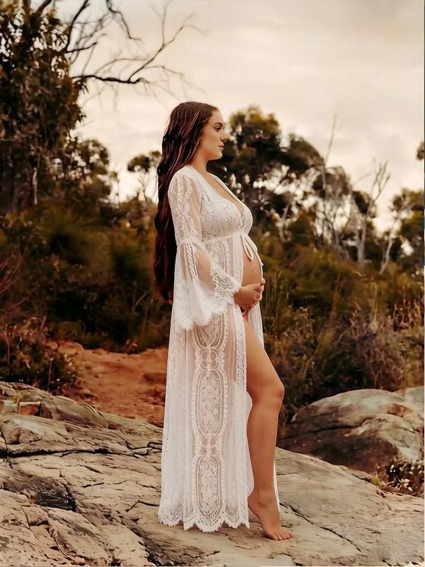 White Boho Lace Cover-up Bikini Smock Maternity Photoshoot Midi Dress for Maternity