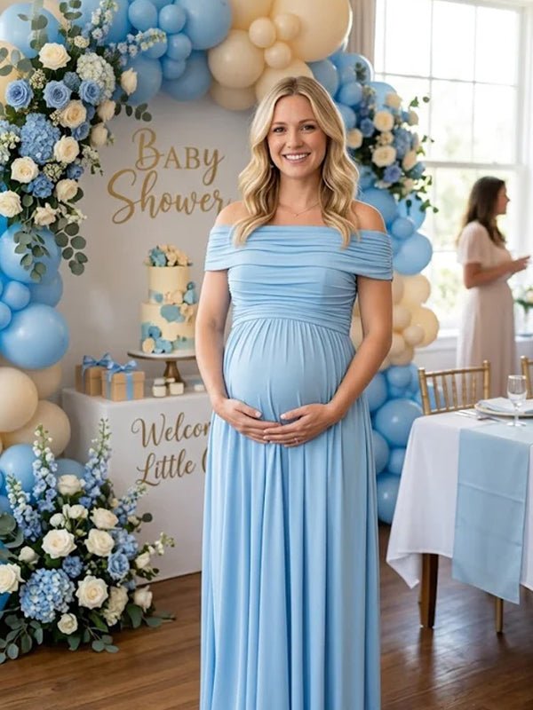 Off Shoulder Ruched Pocket Backless Maternity Baby Shower Maxi Dress for Maternity
