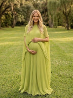 Light Green Pleated Batwing Sleeve Maternity Maxi Dress for Maternity