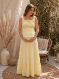 Fashion Yellow A-line Falbala Shirring Two Piece Photoshoot Maternity Maxi Dress for Maternity