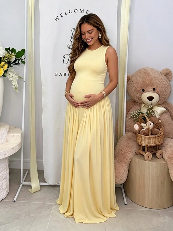 Round Neck Ruched Draped Curved Drop Waist Bodycon Baby Shower Maternity Maxi Dress for Maternity