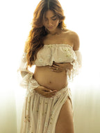 Two Piece Boho Flower Printing Off Shoulder Chiffon Crop Bandeau Photoshoot Maternity Maxi Dress for Maternity