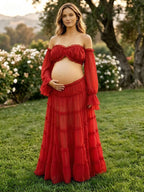 Elegant Red Ruffle Off Shoulder Flowy Falbala Two Piece Photoshoot Maternity Maxi Dress for Maternity