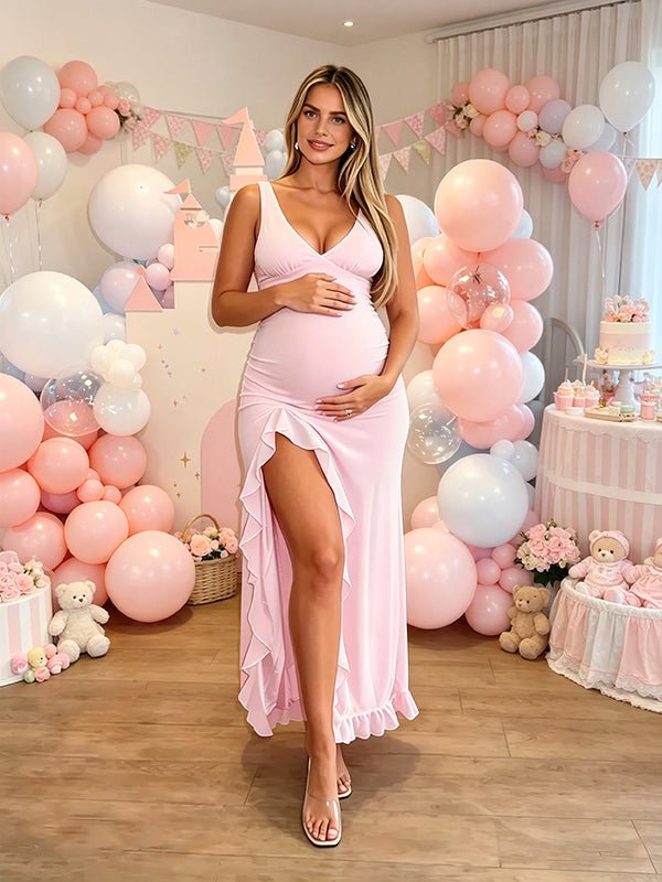 Pink V-neck Side Slit Ruffle Backless Baby Shower Maternity Maxi Dress for Maternity