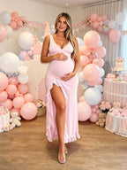 Pink V-neck Side Slit Ruffle Backless Baby Shower Maternity Maxi Dress for Maternity