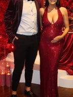 Glitter Sequin Ruched Backless Halter Neck Bodycon Maternity Maxi Dress for Maternity