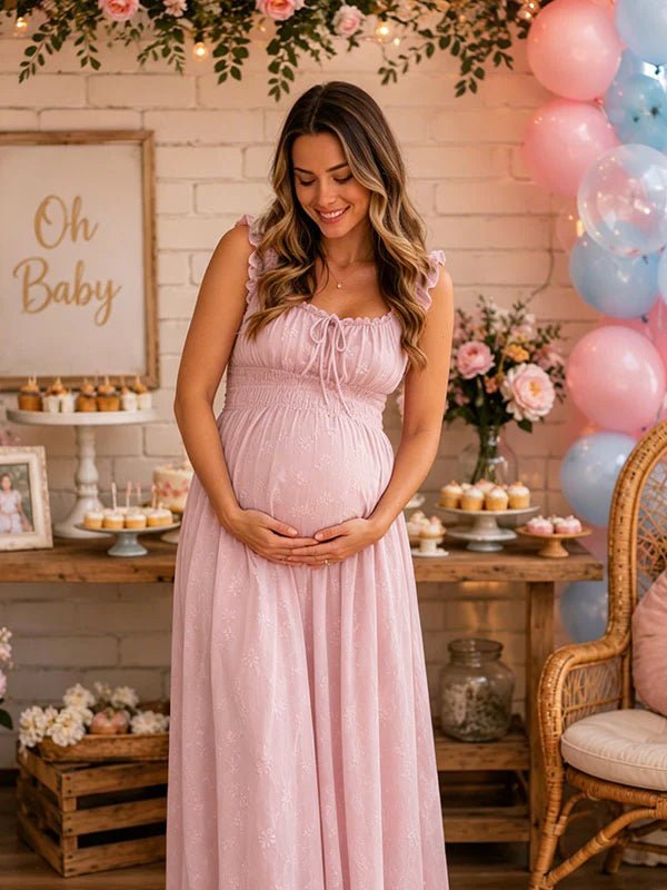 Chic Falbala Shirring A-line Baby Shower Maternity Maxi Dress for Maternity