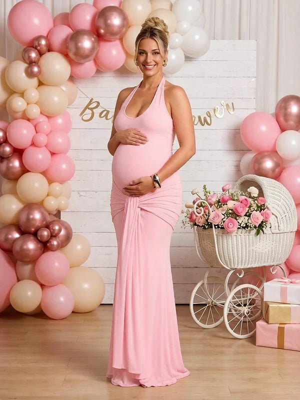Ruched Bowknot Draped Backless Halter Neck Bodycon Baby Shower Maternity Maxi Dress for Maternity