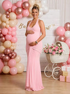 Ruched Bowknot Draped Backless Halter Neck Bodycon Baby Shower Maternity Maxi Dress for Maternity