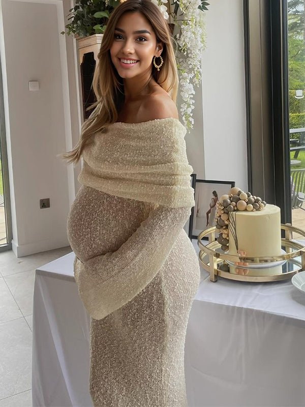 Solid Color Off Shoulder Hollow Out Knitwear Bodycon Beach Vacation Dress Baby Shower Maternity Maxi Dress for Maternity
