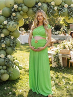 Green Oblique Shoulder Ruched Ribbon Two Piece Maternity Baby Shower Maxi Dress for Maternity