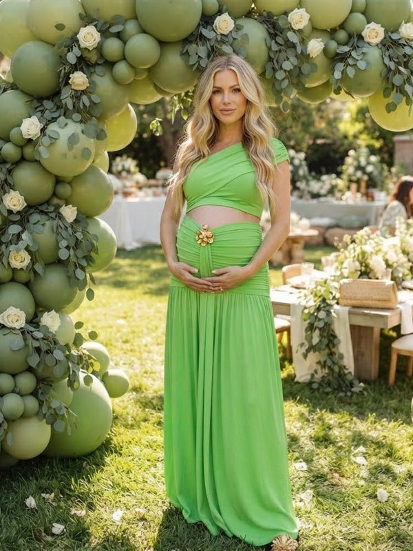 Green Oblique Shoulder Ruched Ribbon Two Piece Maternity Baby Shower Maxi Dress for Maternity
