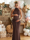 Ruched Bowknot Draped High Neck Backless Bodycon Elegant Maternity Baby Shower Maxi Dress for Maternity