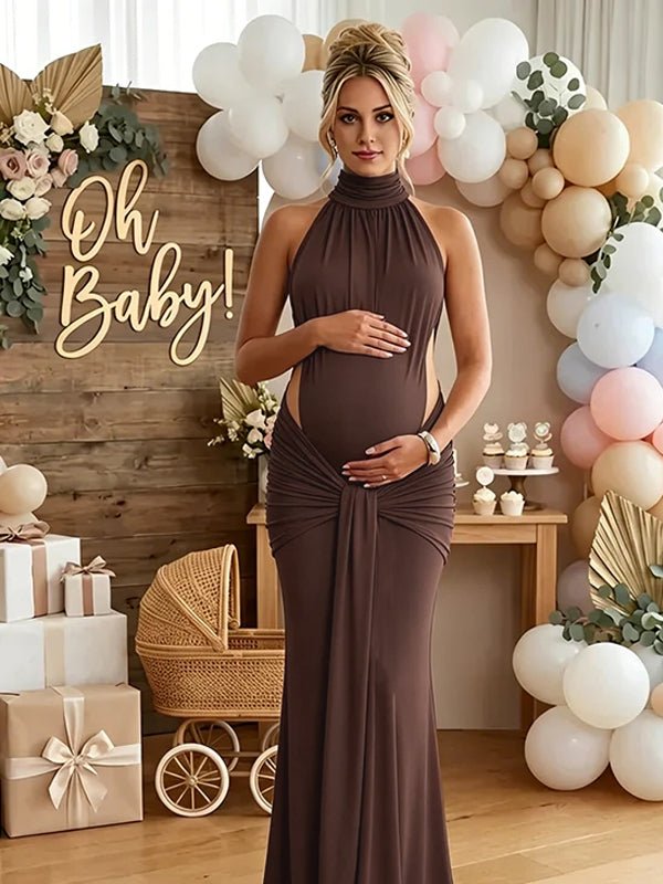 Ruched Bowknot Draped High Neck Backless Bodycon Elegant Maternity Baby Shower Maxi Dress for Maternity