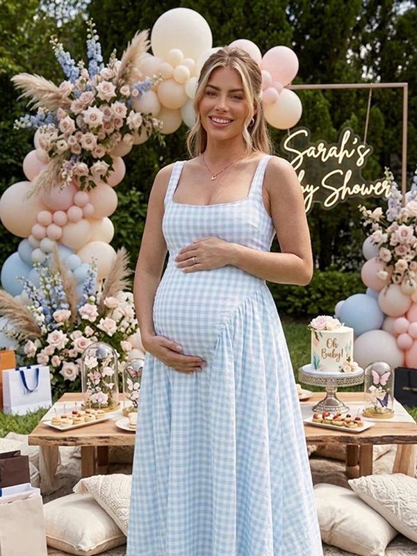 Plaid Tank A-line Elegant Maternity Baby Shower Maxi Dress for Maternity