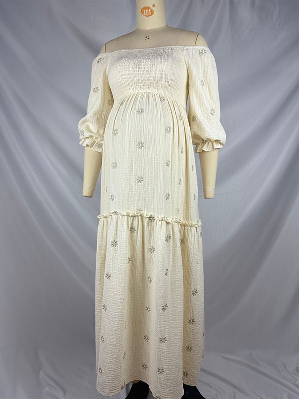 Apricot Daisy Print Smocked Off Shoulder Maternity Photoshoot Maxi Dress for Maternity